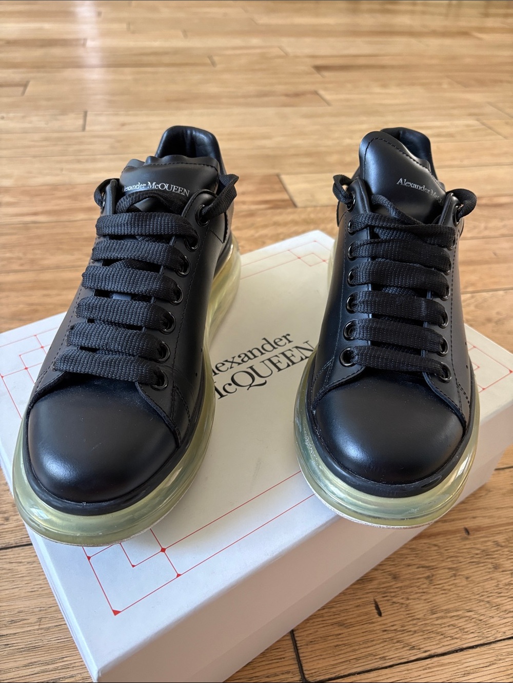 Alexander McQueen Black Leather Sneakers with Translucent Yellow-Tinted Sole - Picture 2 of 7